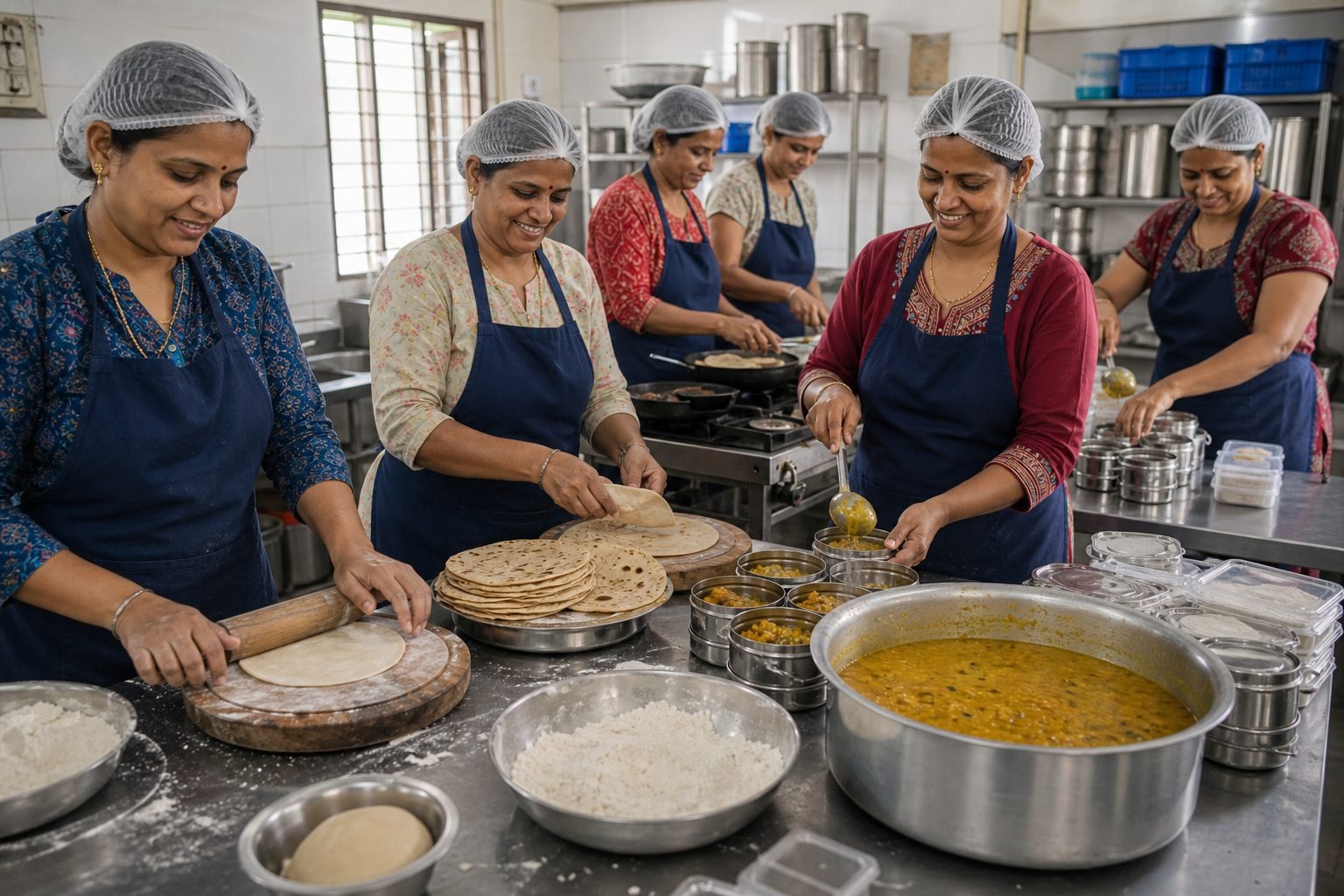 women volunteers preparing chapatis and food packets