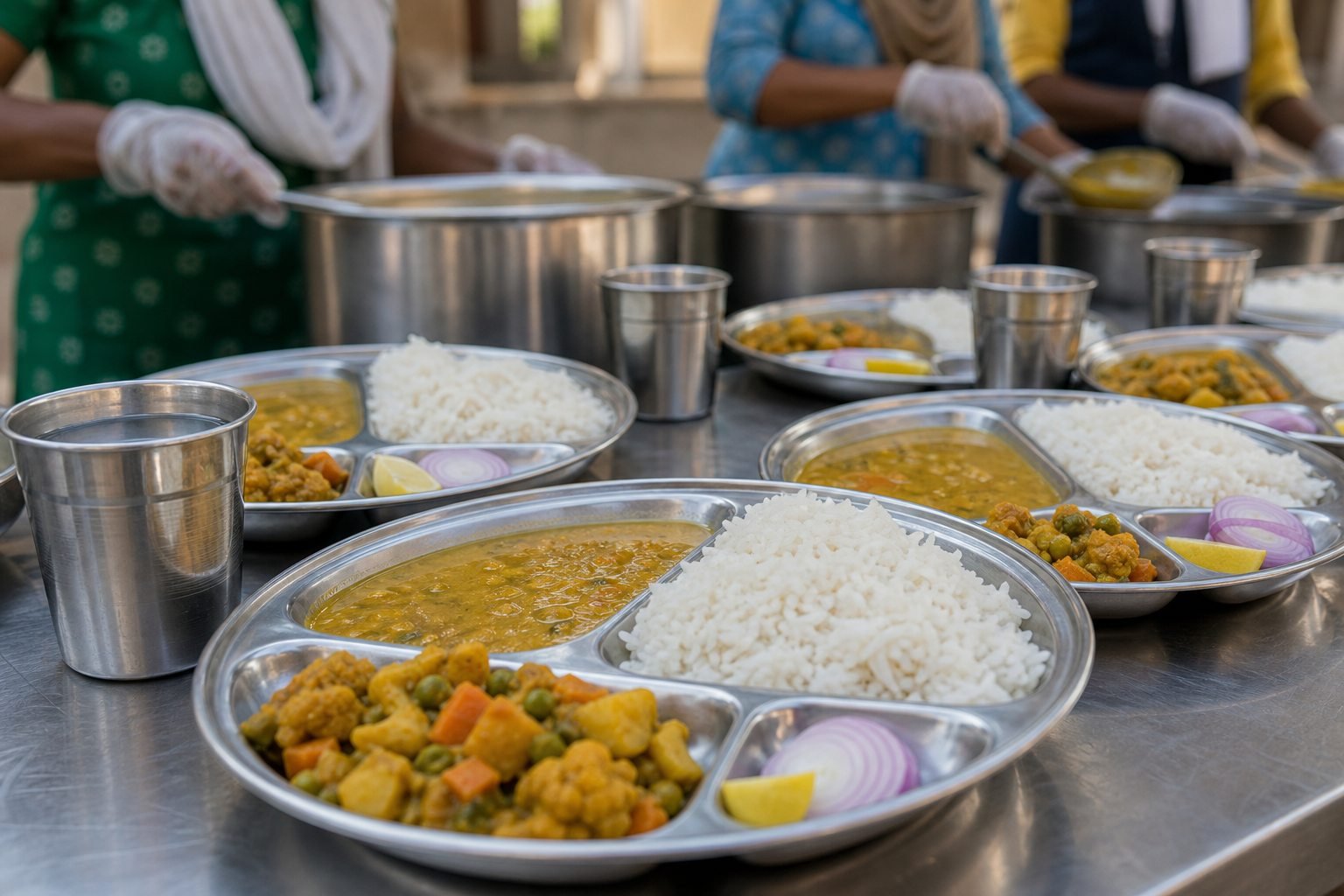 nutritious meal plates arranged before distribution