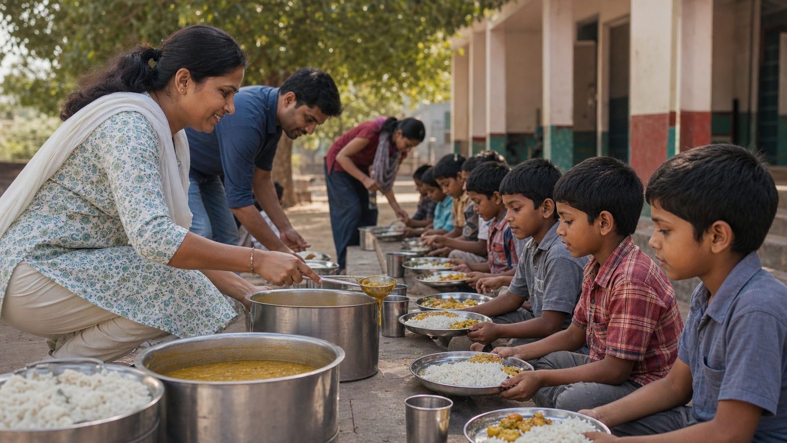 volunteers serving meals to children in a school courtyard